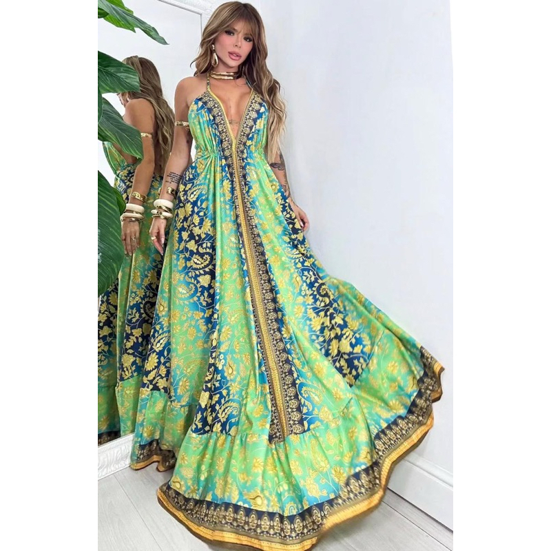 VESTIDO LONGO FEMININA ESTAMPADO MODELO INDIANO COSTA NUA FRENTE UNICA TECIDO MACIO