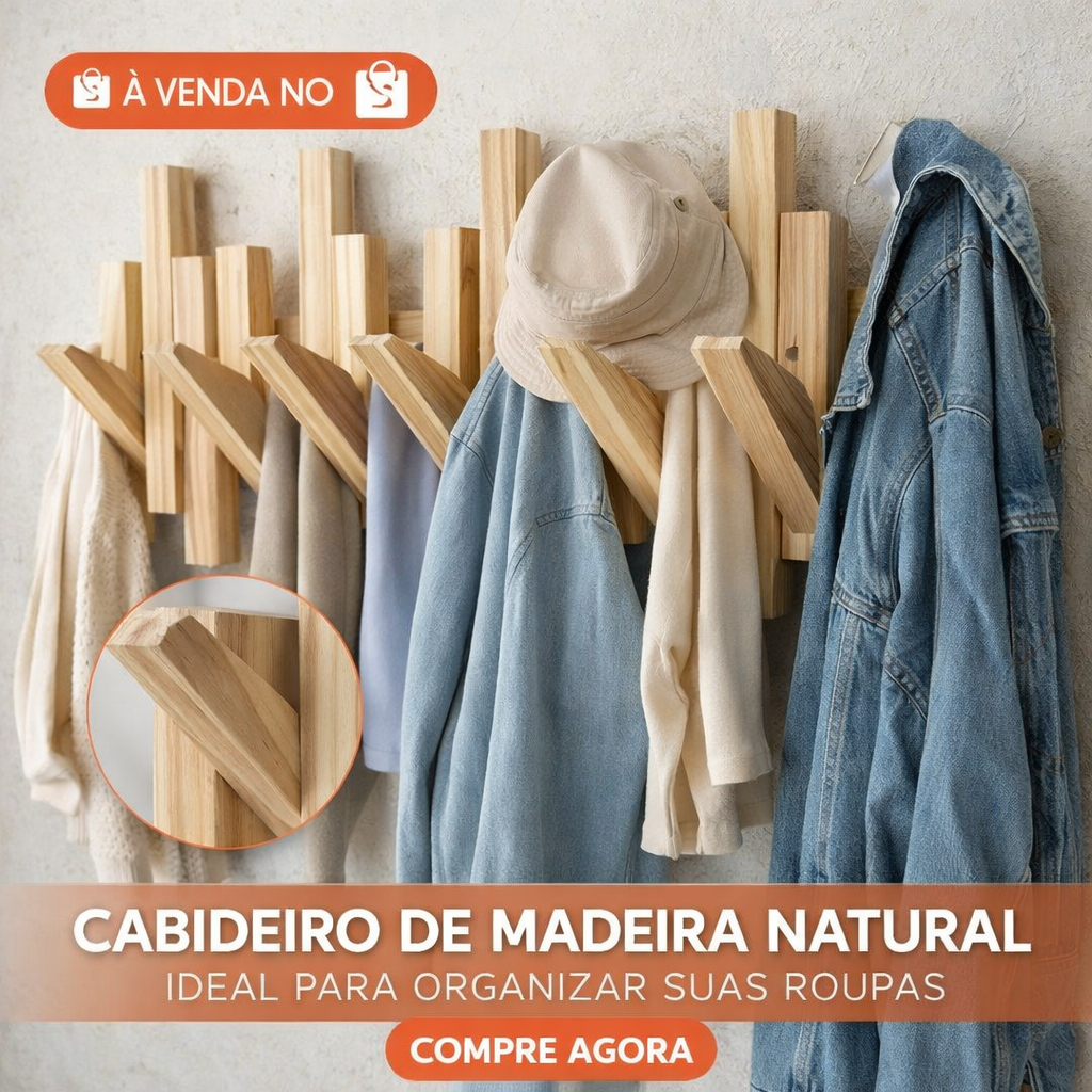 Cabideiro de Madeira Premium Parede 6 Ganchos Decorativo Organizador Casa Luxo