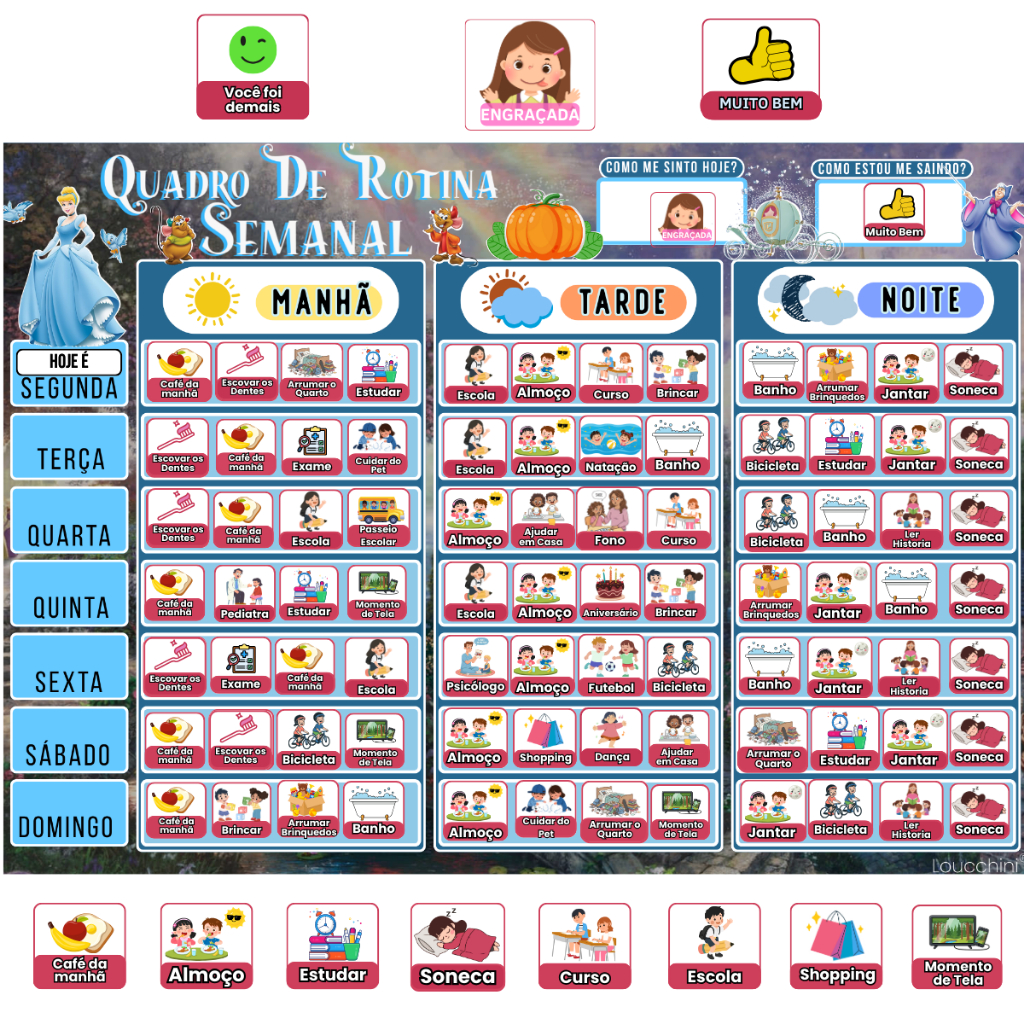 Quadro de Rotina Infantil com Tarefas e Incentivo ao Comportamento Positivo Tema Cinderela