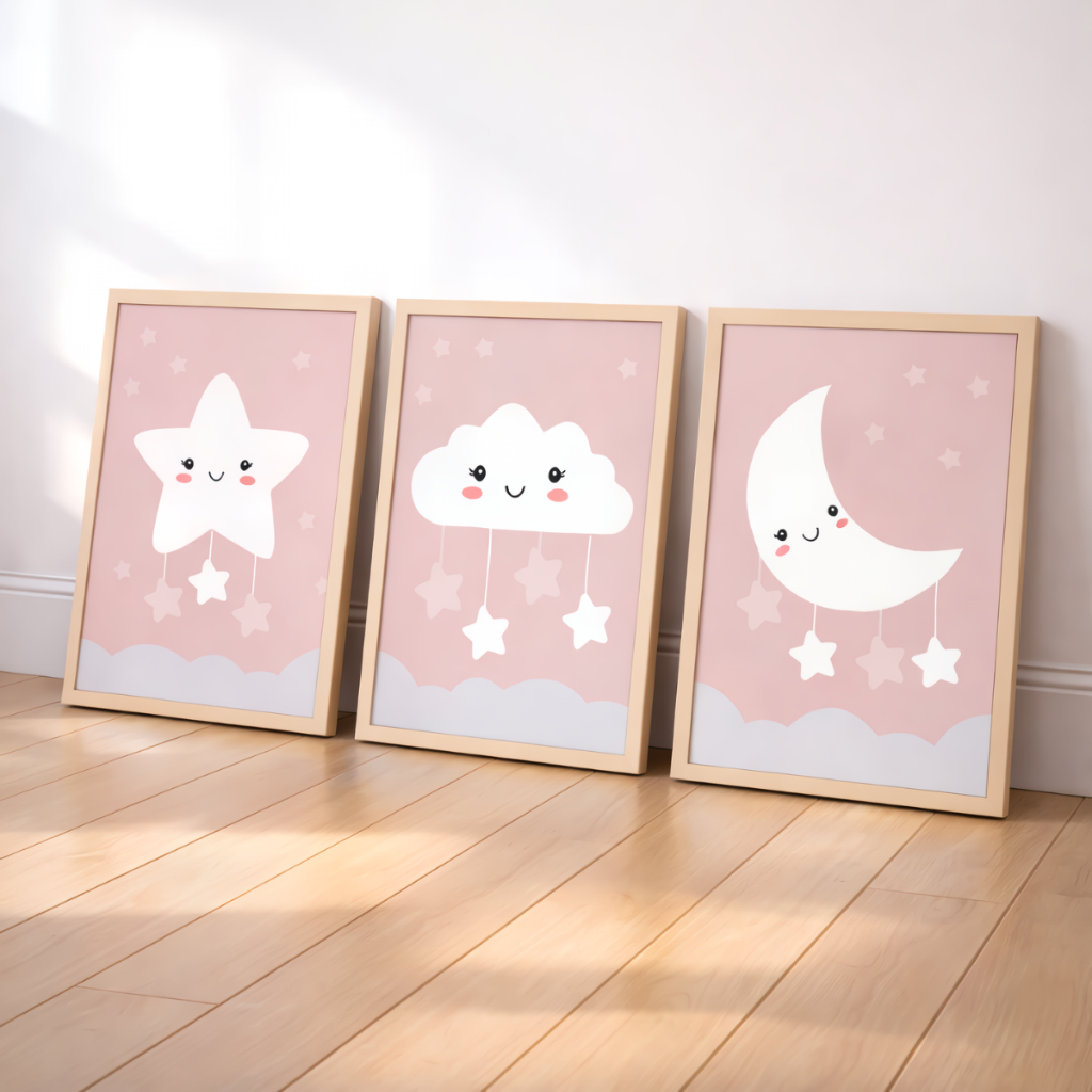 Quadro Decorativo Quarto Bebê Nuvem Lua Estrelinha Rosa Menina Kit 3 peças