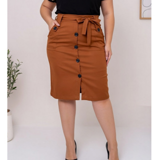 Saia Midi Plus Size Elegante 6 Botões com Laço Cintura 48 ao 54 em Oferta na Shopee