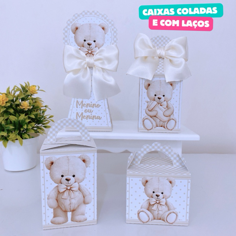 Kit Chá de Bebê Ursinho Bege Caixinhas Personalizadas Lembrancinhas Infantil Chá Revelação