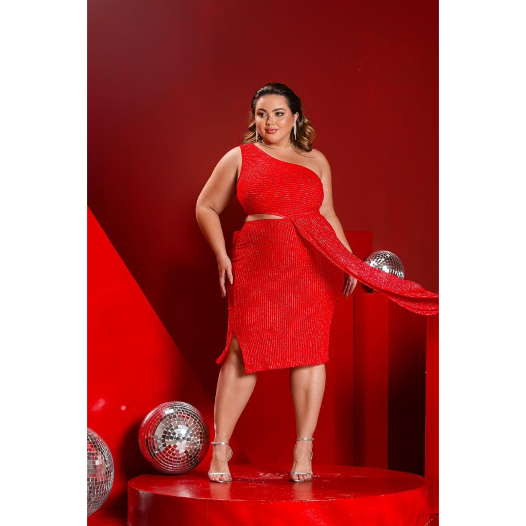 Vestido Midi Tubinho Uma Alça Super Luxo Em Suplex Com Lurex Plus Size Tam U Veste 44 46 48 50