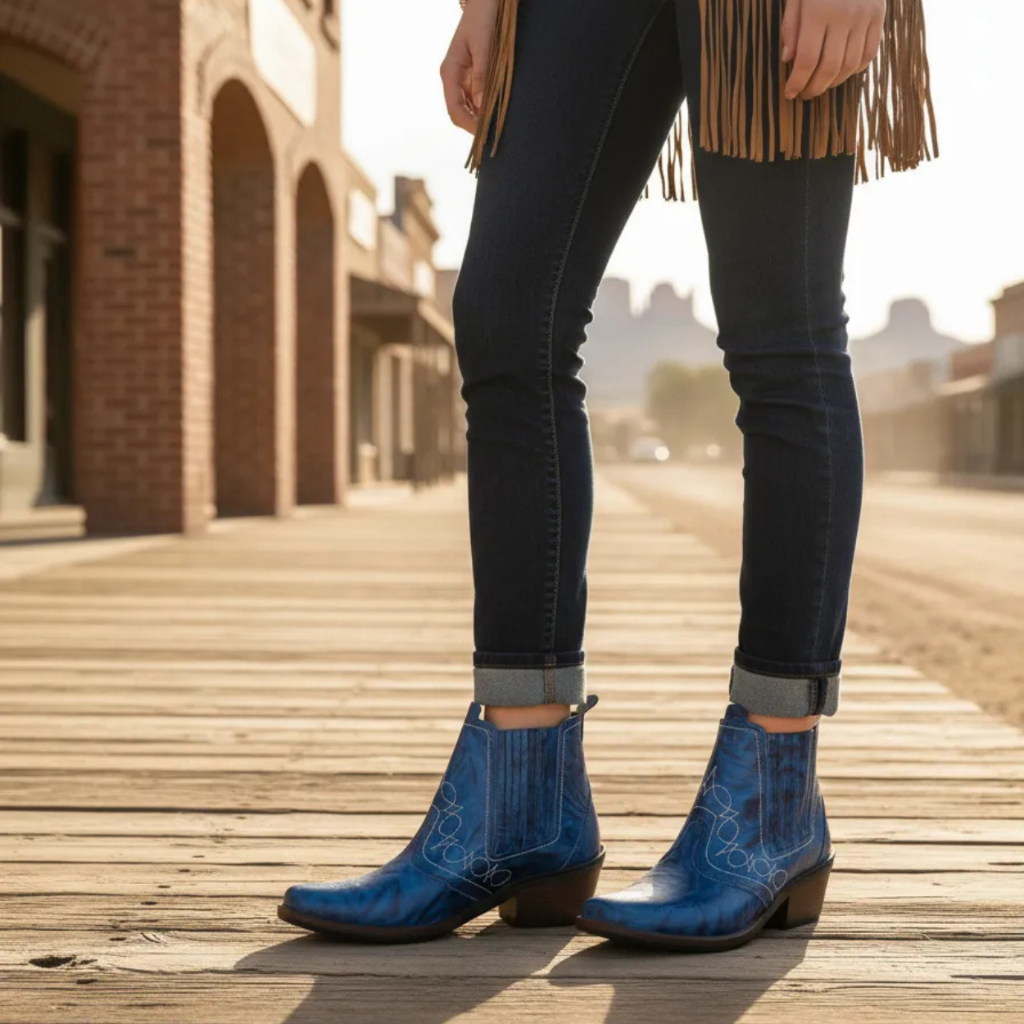 Bota Country Feminina Cor Azul Botina Estilo Sertanejo Cavalgada Rodeio Vaquejada Montaria Botina em Couro Modelo 3736