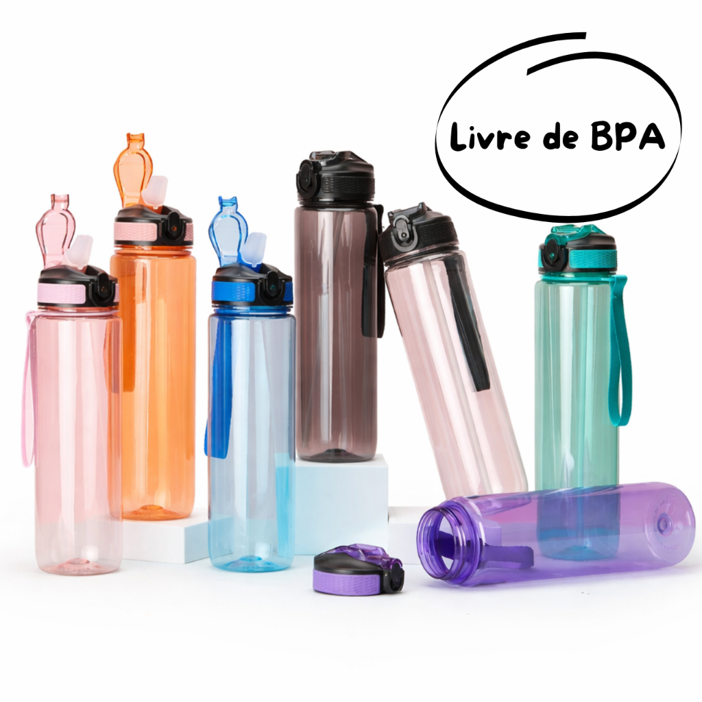 Garrafa Squeeze 1 Litro Plástico BPA Free com Canudo Tampa Trava Segurança e Cordão