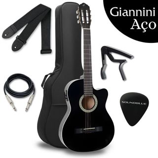 Kit Violao Giannini Eletrico Acustico Profissional Corda Aço Cutaway Preto Flat Eletroacustico Estudo Acessorio Completo