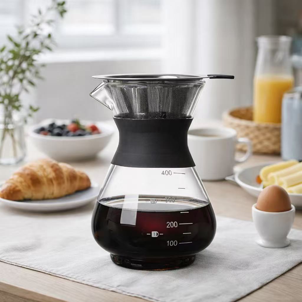 ☕Cafeteira Vidro Coador Passador de Café De Inox E Anel Silicone 400ml com Filtro Inox Reutilizável