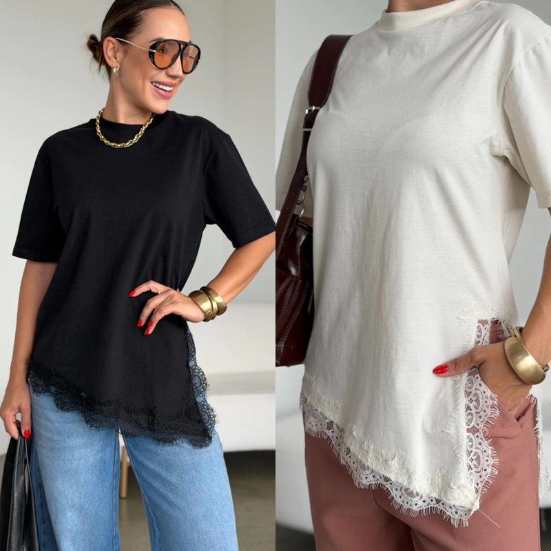Max T-shirt blusa assimétrica com fenda e renda na Barra em Oferta na Shopee