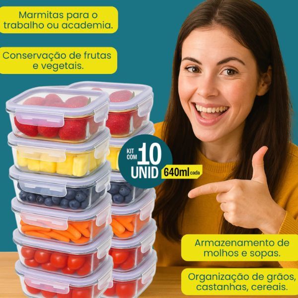 Conjunto Potes Vidro Hermético Mantimentos Marmita 640ml