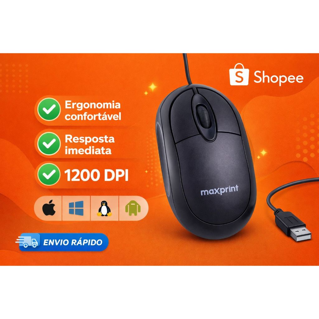 Mouse UBS Compativel Windows Linux macOS Apple Android Maxprint Escritório Acessório Computador PC