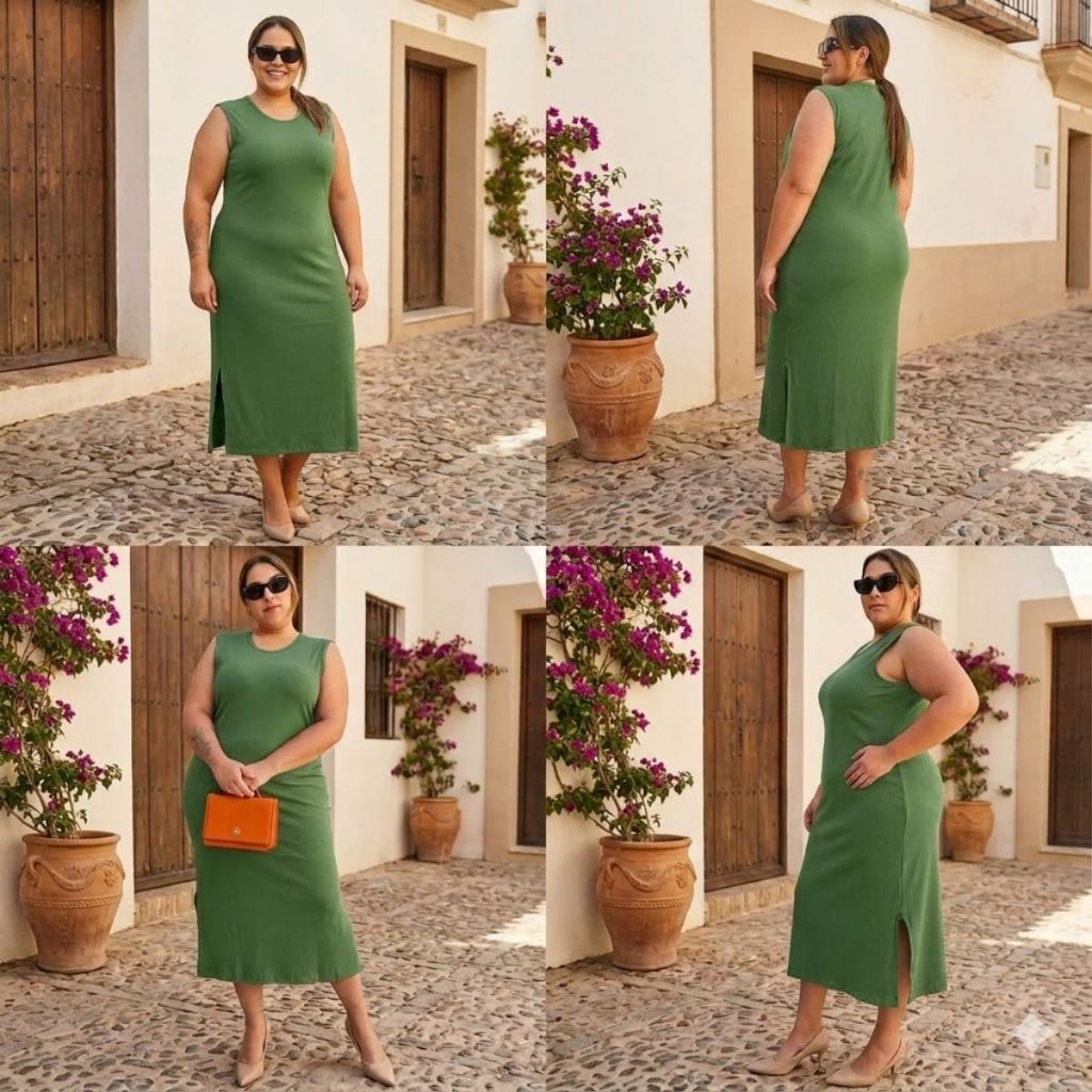 Vestido Plus Size Regata Midi Canelado Tubinho com Fenda Lateral