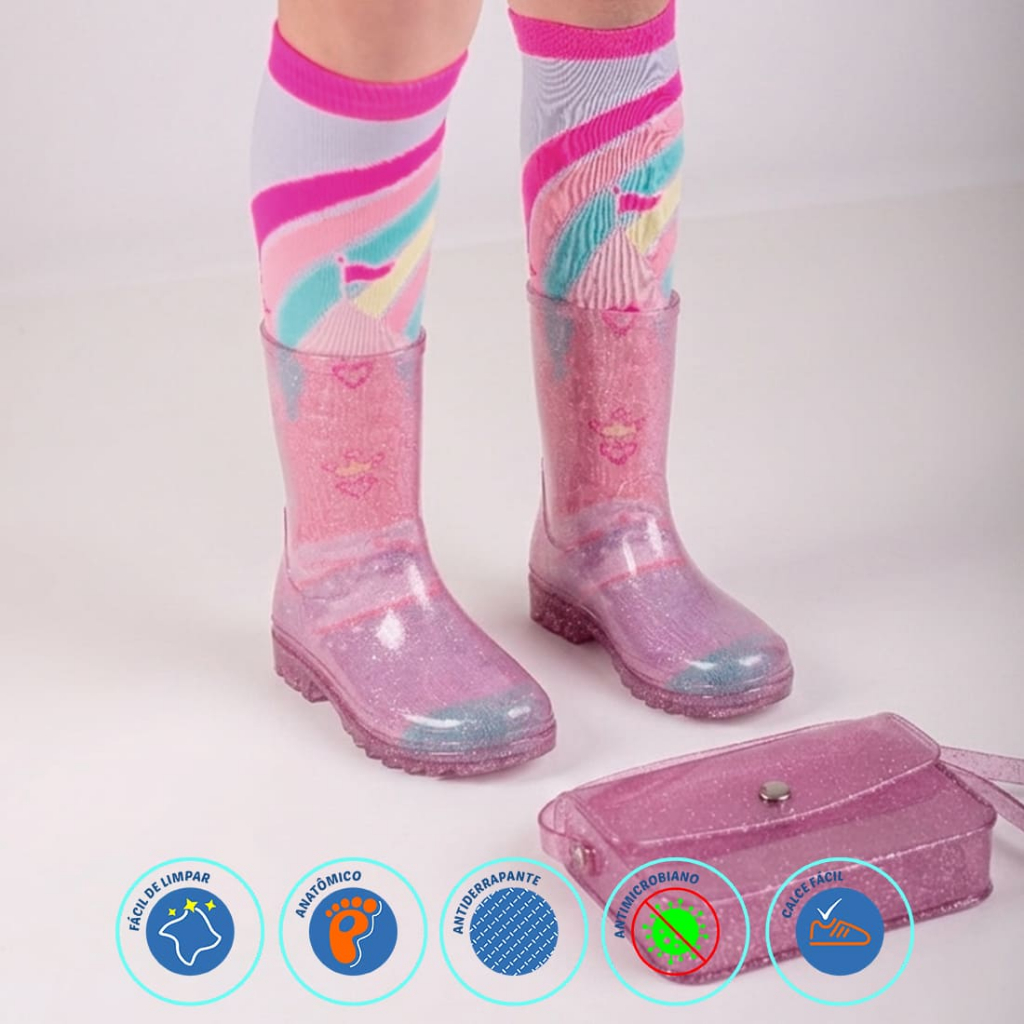 Kit Bota+ Meia + Bolsa Galocha Menina Feminina Infantil Impermeável Transparente Colorida Macia Leve