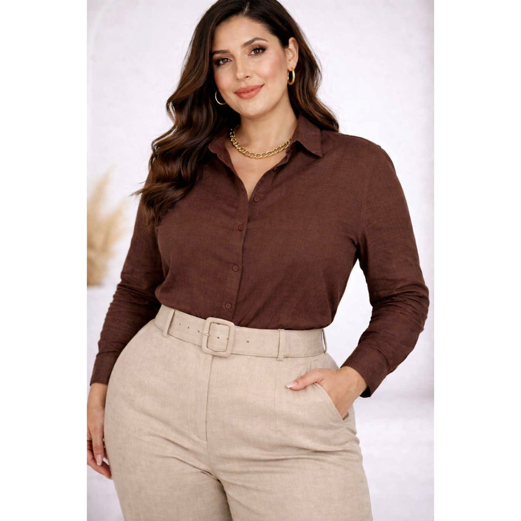Camisa Linho Plus Size Feminino Plus Manga Longa Social Elegante