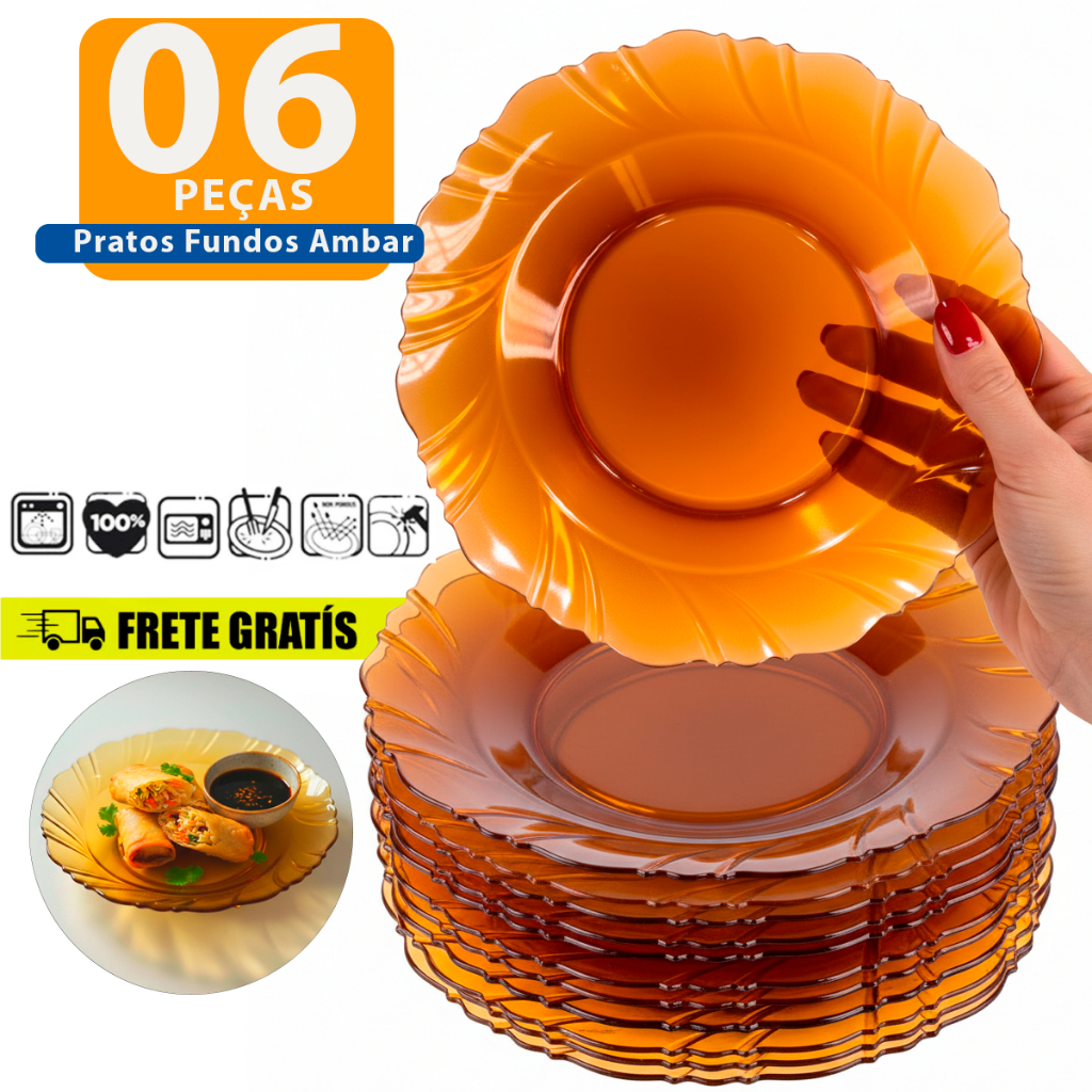 Kit Jogo de Prato de VIDRO Ambar 04/06/12 PEÇAS Pratos TRABALHADO Marrom Mesa Cozinha Restaurante