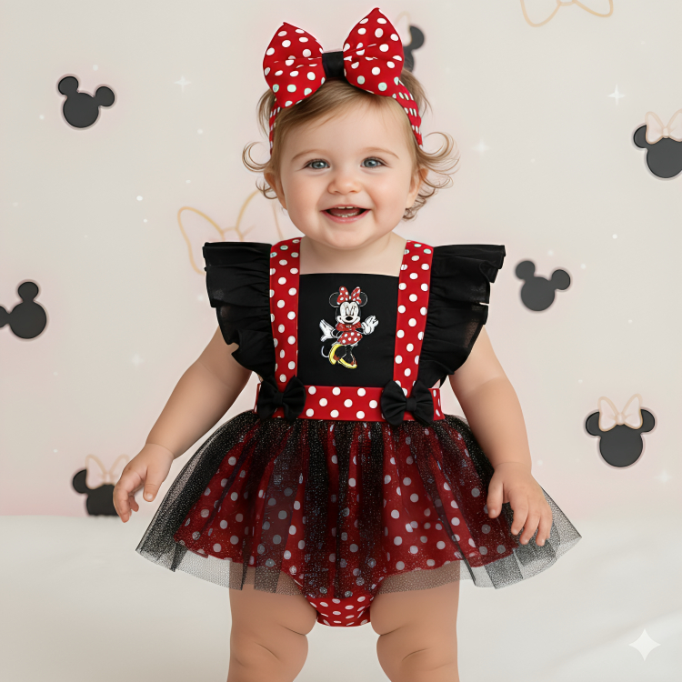 Jardineira Body Romper Salopete Baby Minnie Vermelho Tiara Mesversario Ensaio Temático Fantasia Bebe