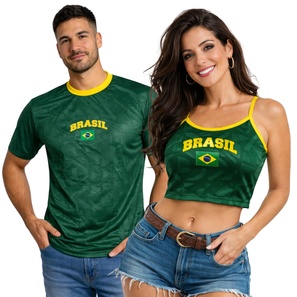 Kit Crooped Baby Look ou Regatinha Feminina do Brasil Casal Brasil e Camiseta Masculina do Brasil