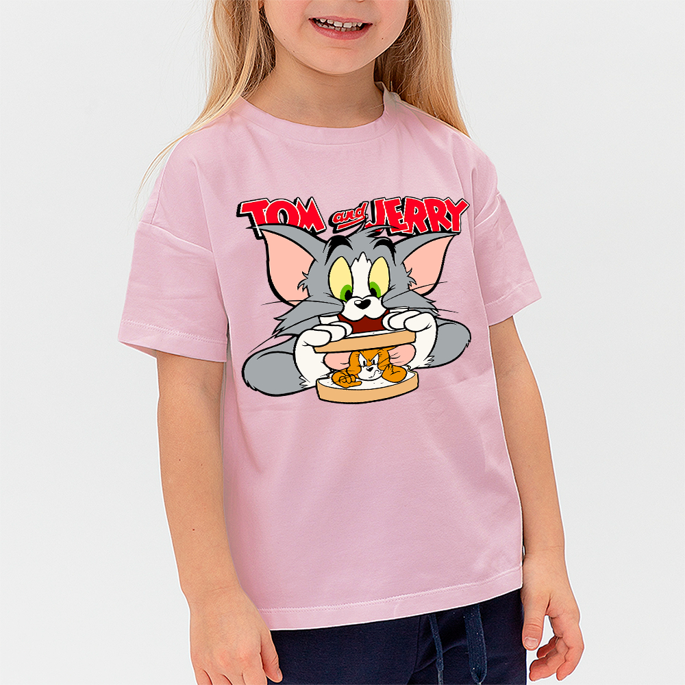 Camiseta Infantil Gato e Rato Desenho Divertido Algodão Confortável Estampada