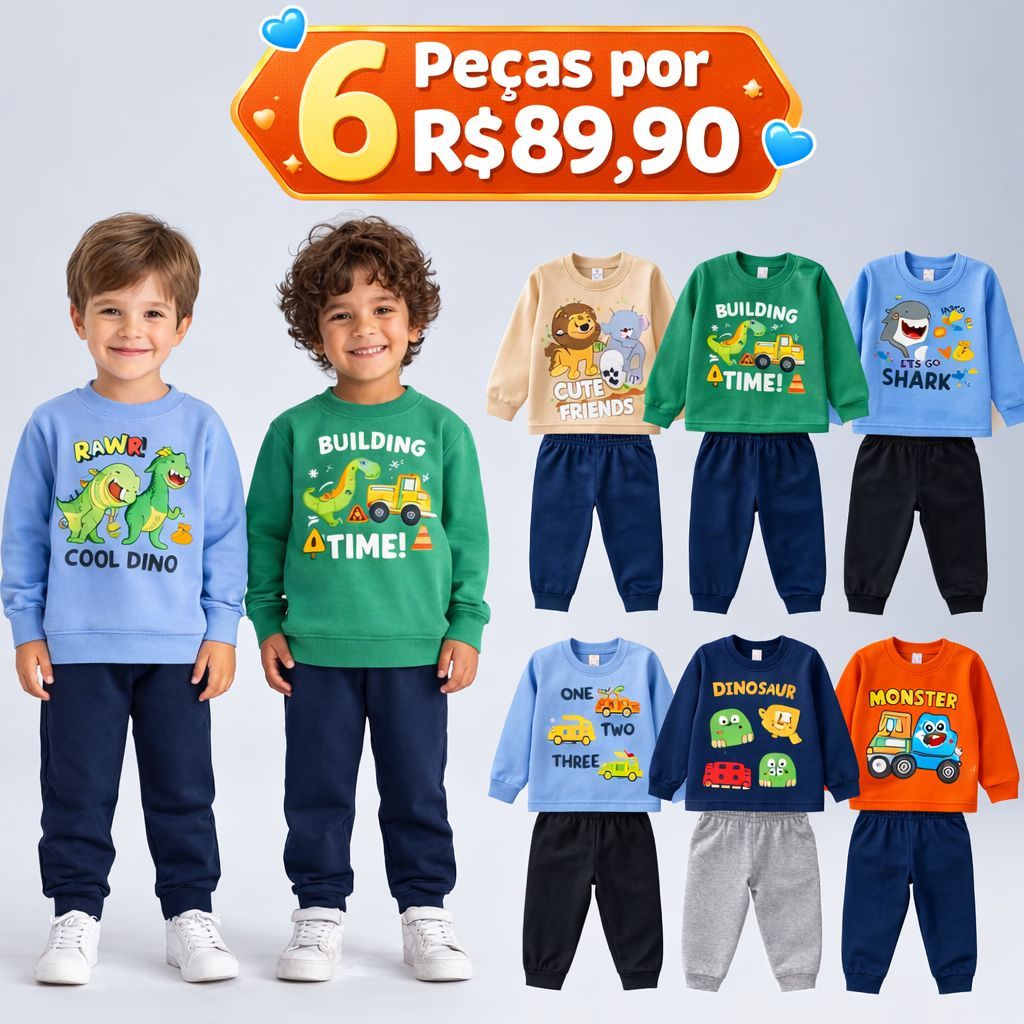 Kit 6 Peças de Conjuntos Moletom Infantil Menino Inverno Roupa de Frio Tamanho 1 ao 14