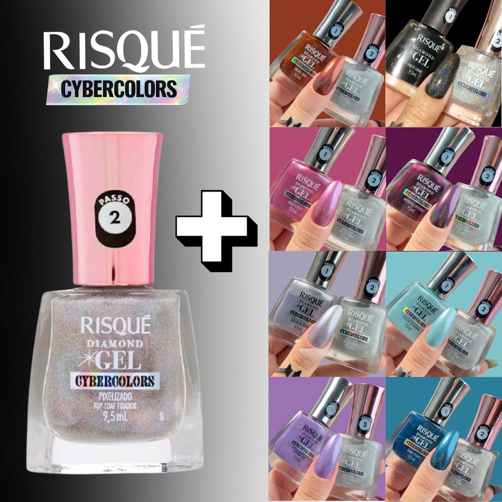 Top coat Fixador Pixelizado + Esmalte Diamond Gel Risqué Cybercolors Lançamento