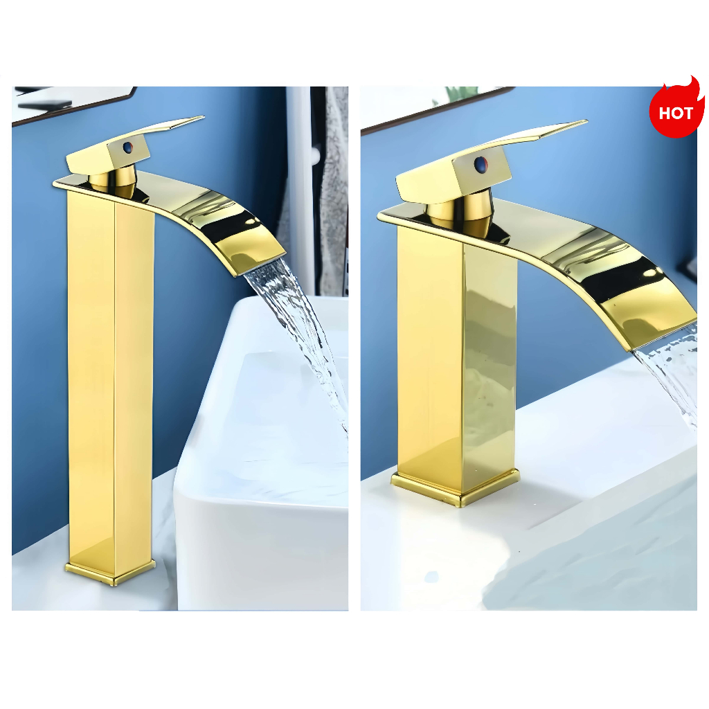 Torneira Monocomando Dourada Cascata Baixa / Alto Misturador Banheiro -18cm/30cm