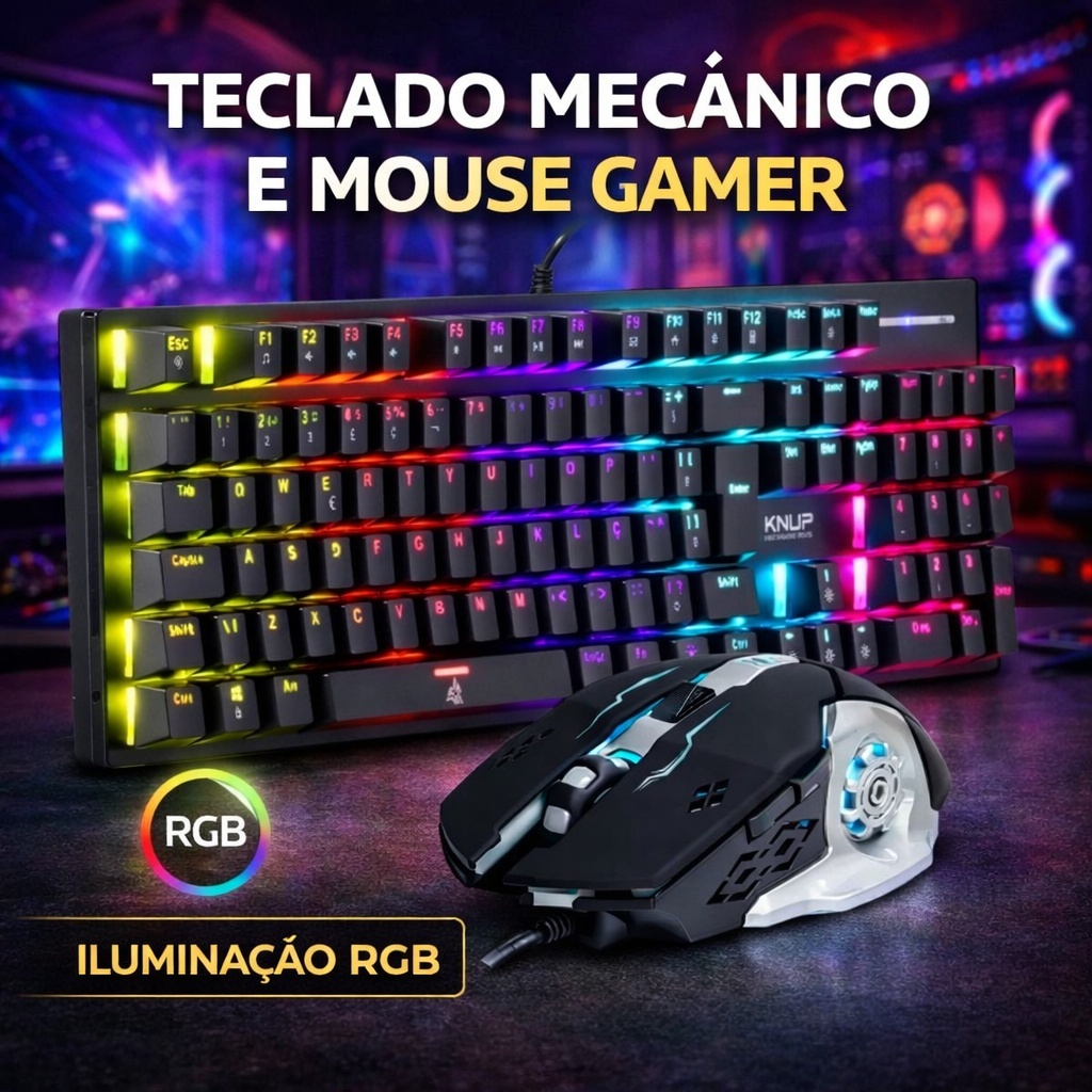 Kit Teclado Mecânico Gamer RGB 7 Cores + Mouse Gamer USB Anti Ghosting PC Notebook