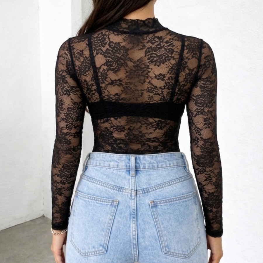 Body de Renda Manga Longa Gola Alta Moda Feminina — imagem 2 de 2