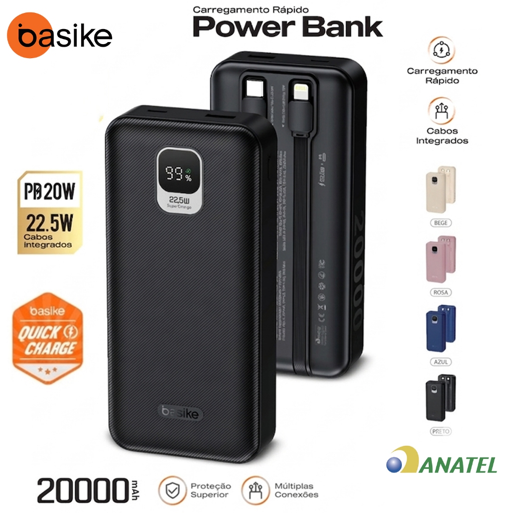 Carregador Portátil Basike 30000mAh/20000mAh/10000mAh Power Bank 22.5W Turbo Carga Rápida Cabo Embutido Tipo C/iPhone