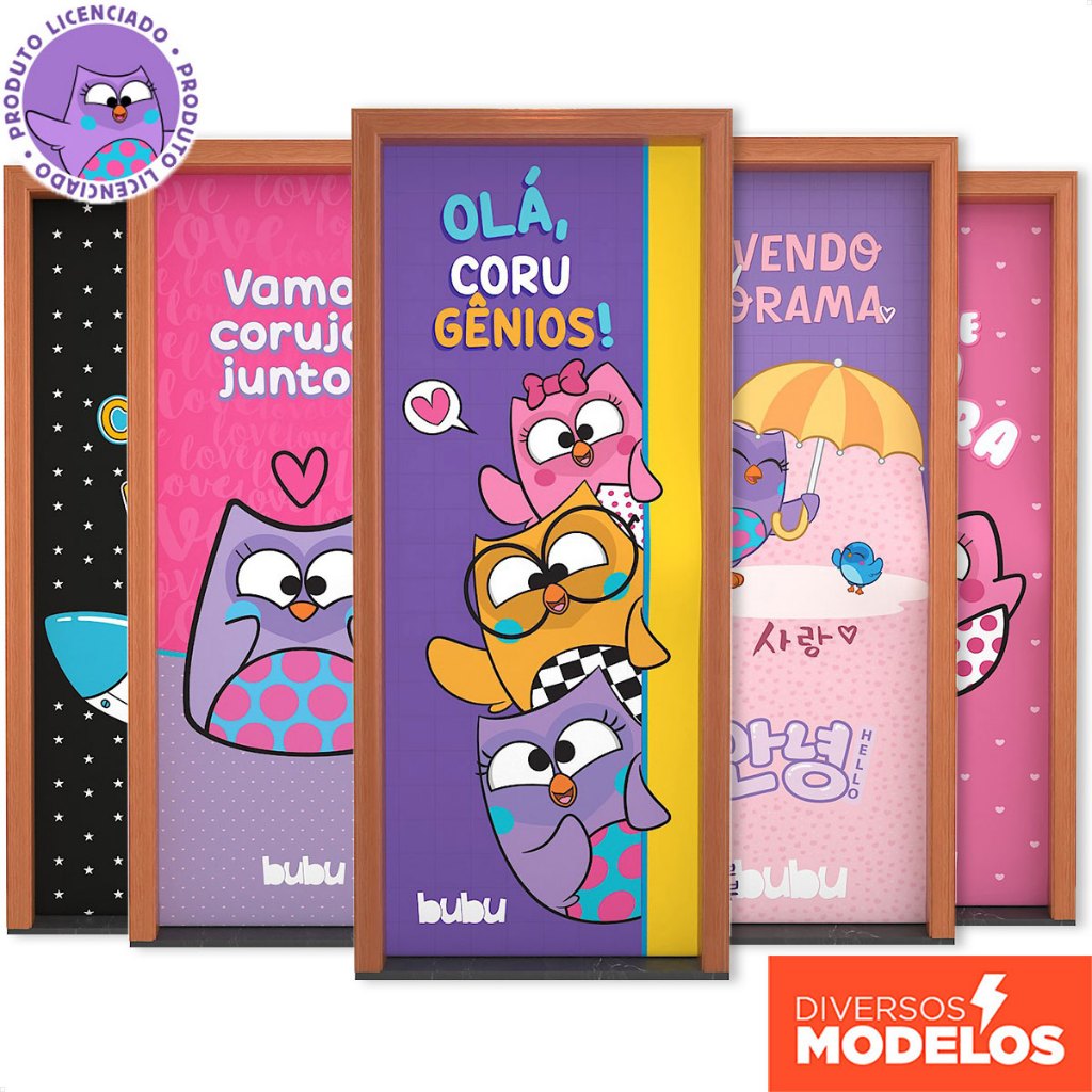 Capa de Porta Infantil Bubu e as Corujinhas 2,10x0,80 Decorativa Sublimada Em Te