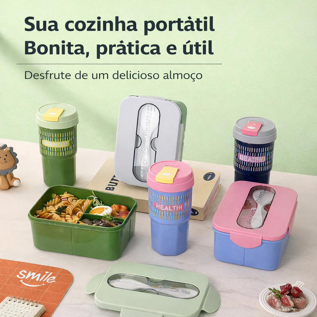 Marmita Térmica com Divisórias + Copo de Água Kit Prático Fitness Escritório Passeio Escolar Anti-Vazamento
