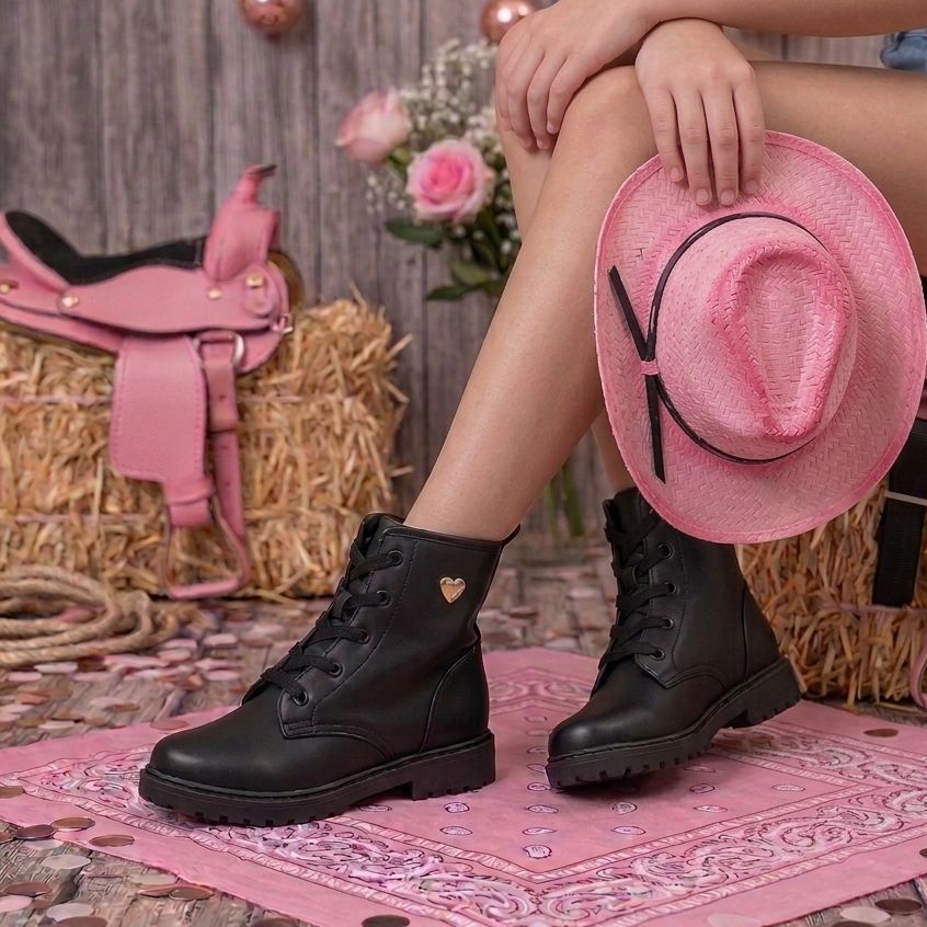Bota Coturno Preto Boiadera Rodeio Infantil Feminina Menina Coturno Antiderrapante Conforto