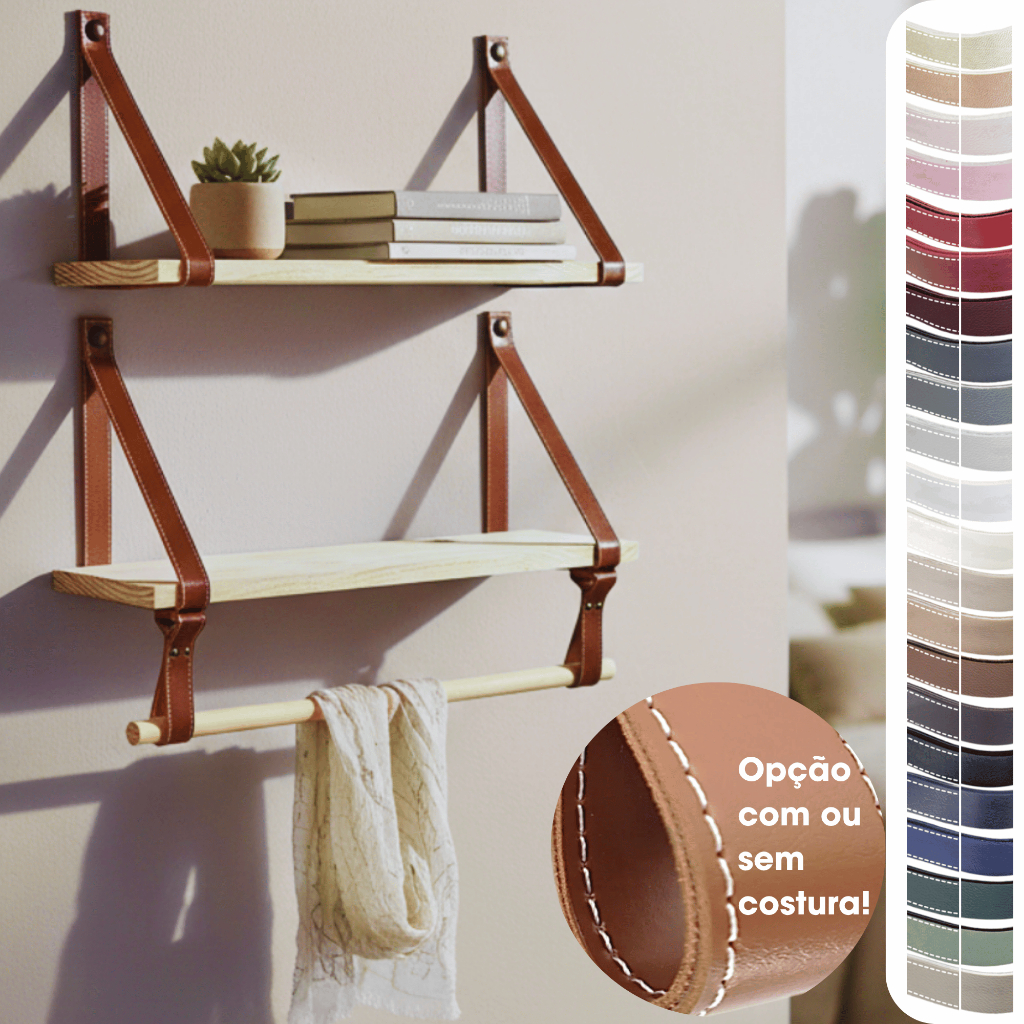 2 Prateleiras + Cabideiro + 2 Pares Alças Textura Couro Costura 30, 45, 60 ou 100 cm Pinus ou MDP em Oferta na Shopee