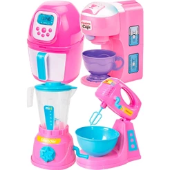 Kit Com 4 Brinquedo De Cozinha Cafeteira Air Fryer Batedeira Liquidificador Faz De Conta Menina