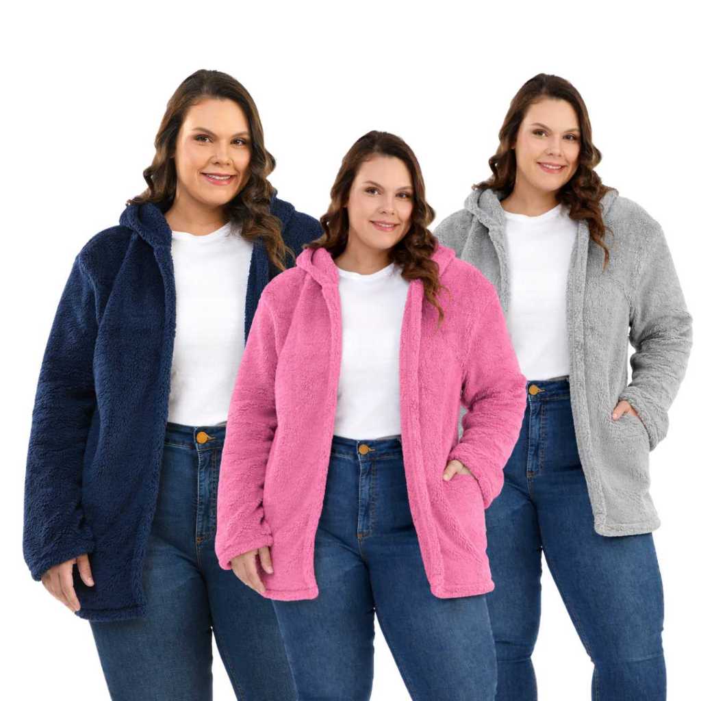 Casaco Cardigan Feminino Plus Size Bolso e Capuz em Sherpa ( Carneirinho )