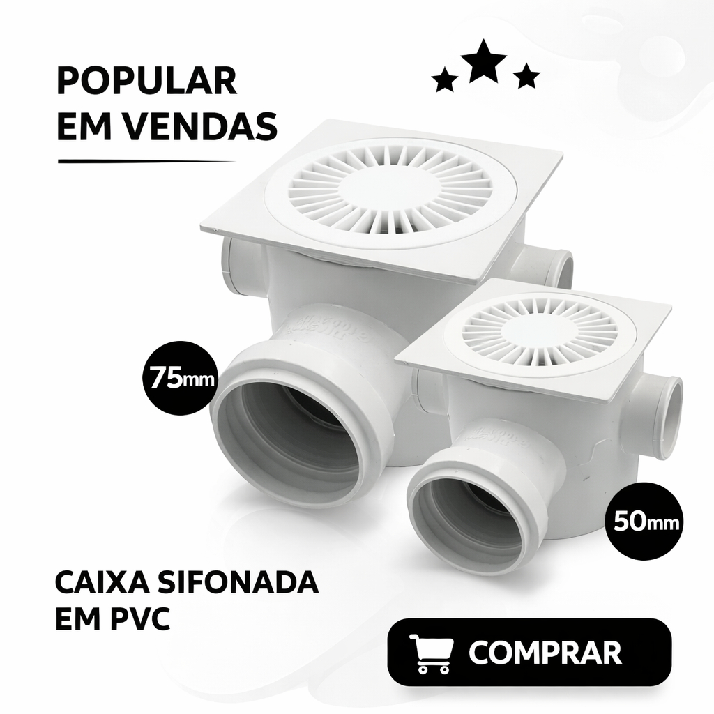 Caixa Sifonada Ralo Grelha Quadrado PVC 100x100x50mm 3 Entradas Durável e Resistente