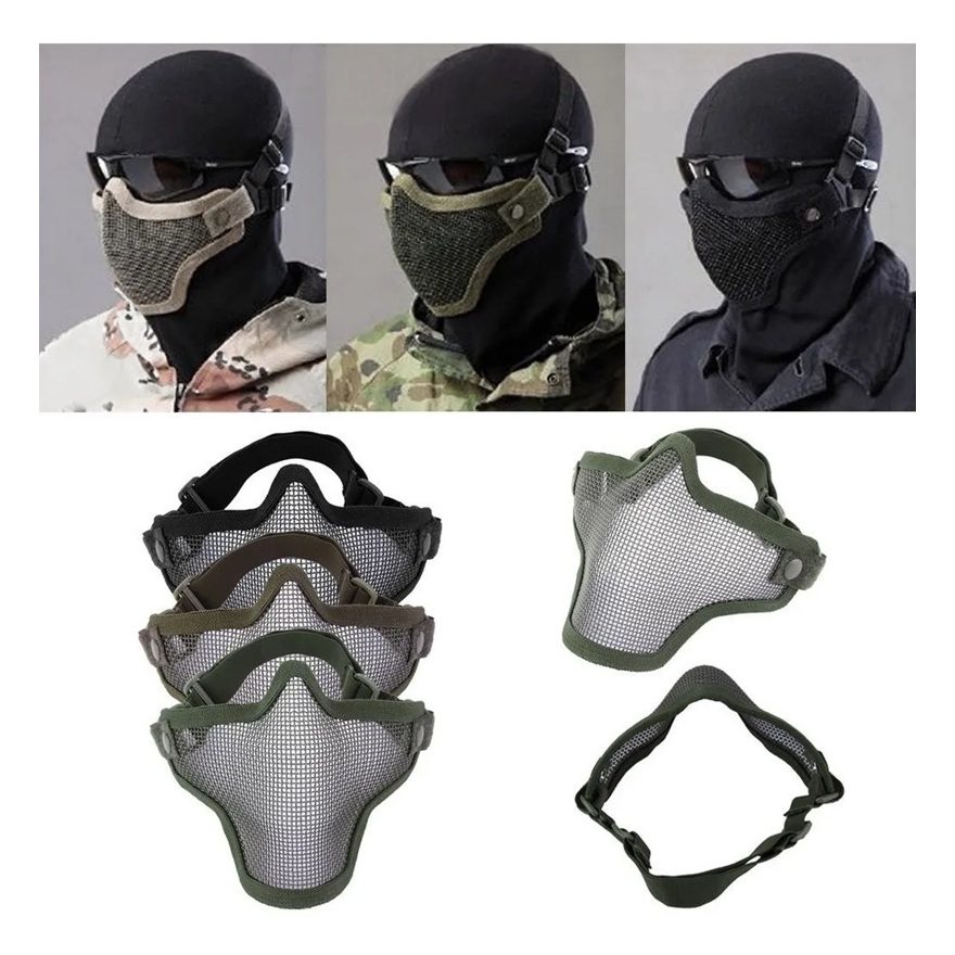 Máscara Tática Meia Face Tela De Aço Airsoft Paintball Proteção Facial Resistente Ajustável