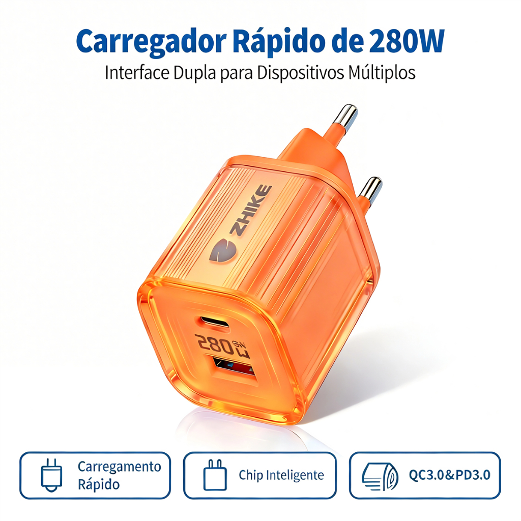 Adaptador Cristal 280W 6A – 8 Portas USB Tipo C V8 Compatível com iP Android Micro USB Carregador