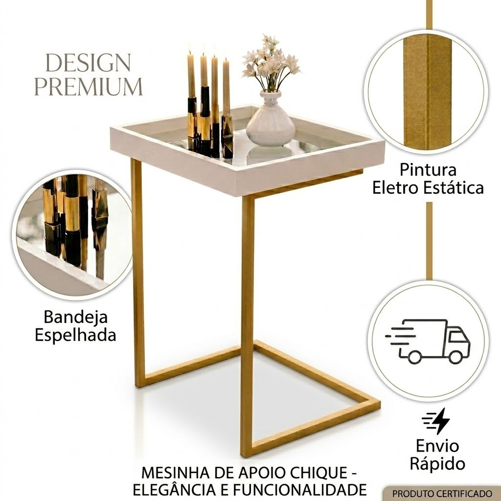 Mesa Lateral De Apoio Com Espelho E Pé De Aço .