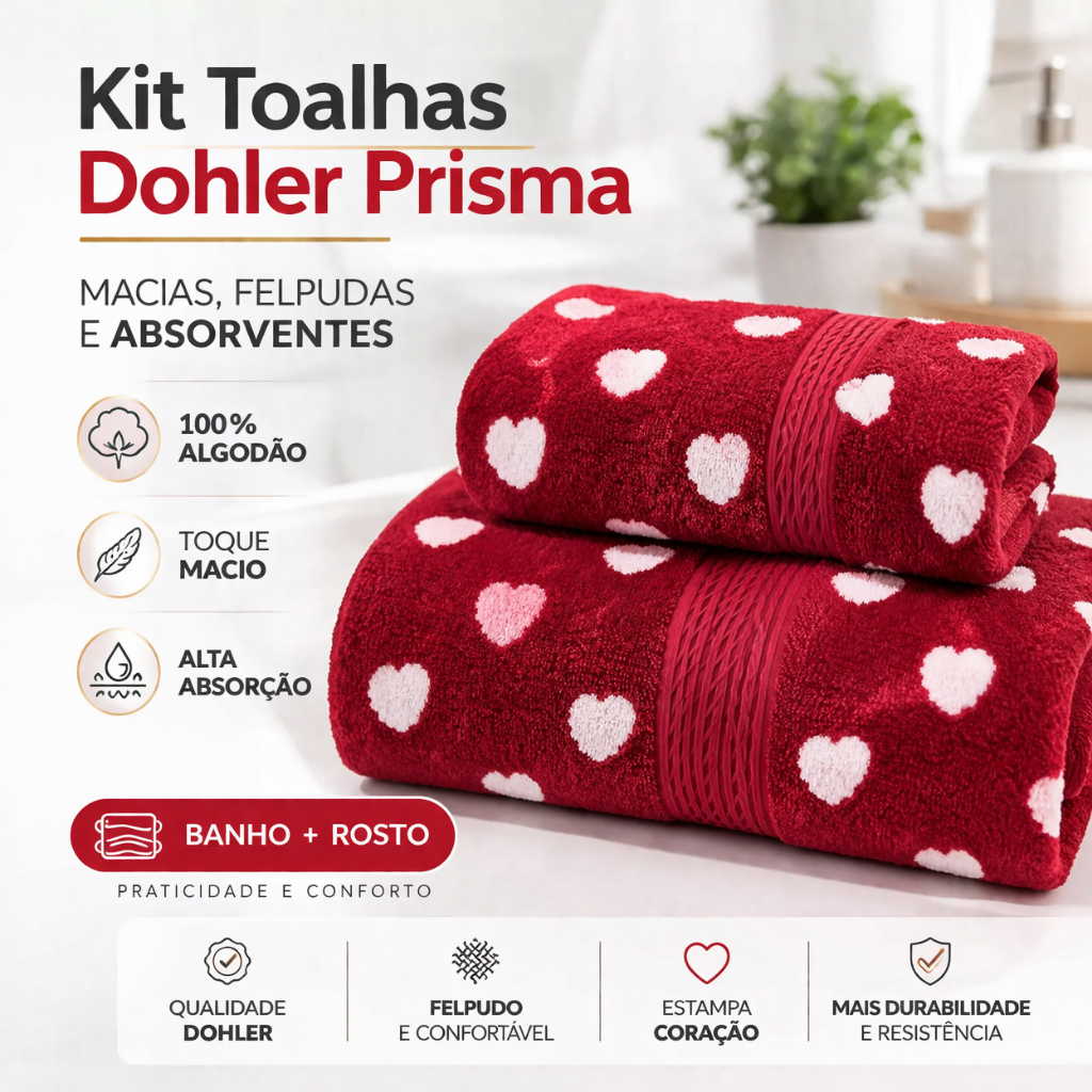 Kit Toalhas Banho Rosto Dohler Prisma Algodão Felpudo Estampado Coração Alta Absorção em Oferta na Shopee