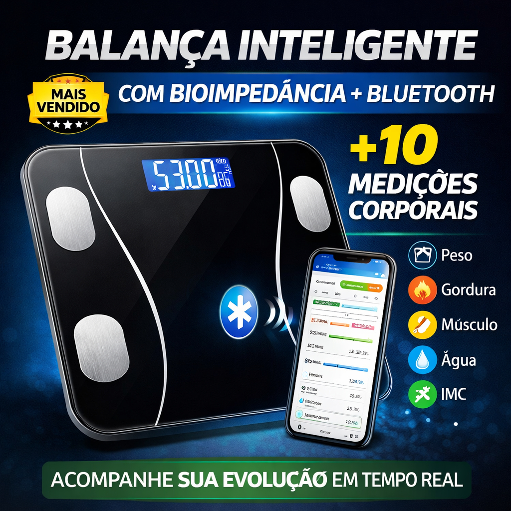 Balança Digital Inteligente: Medidor Corporal por Bioimpedância - Analisa Gordura, Massa Muscular, Peso até 180kg