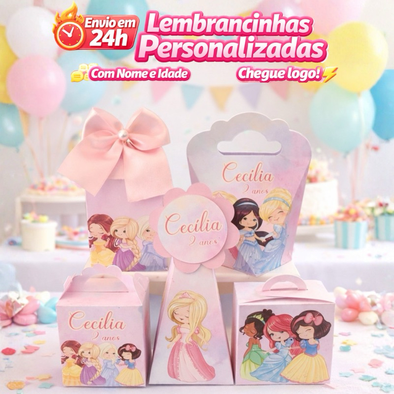Kit Princesas 50 Caixas Personalizadas Lembrancinhas Festa Infantil Caixinhas Milk Aniversário Pegue e Monte