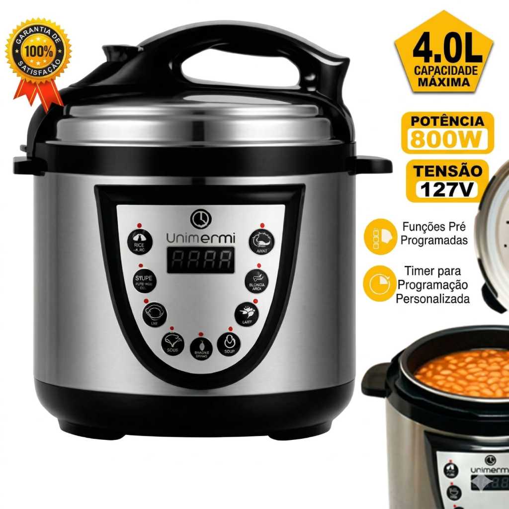 Panela de Pressão Elétrica panela Digital inox 4L Unitermi 800W Inox Anti-anderente - 127V