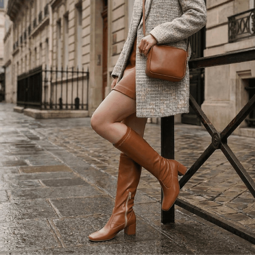 Bota Feminina Stretch Cano Alto  Bico Quadrado Salto Grosso