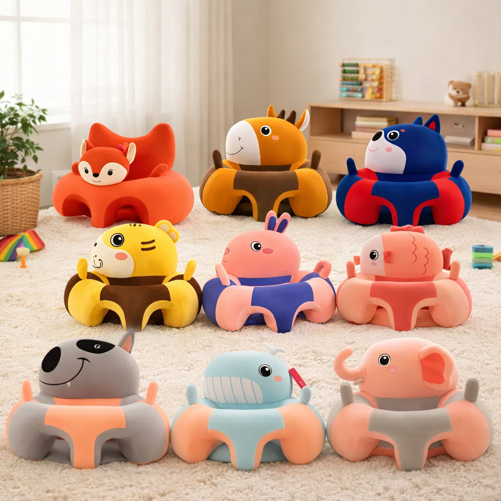 Assento de Bebê Antiderrapante com Encosto - Estilos Divertidos | Fibra Antialérgica 50x50cm em Oferta na Shopee