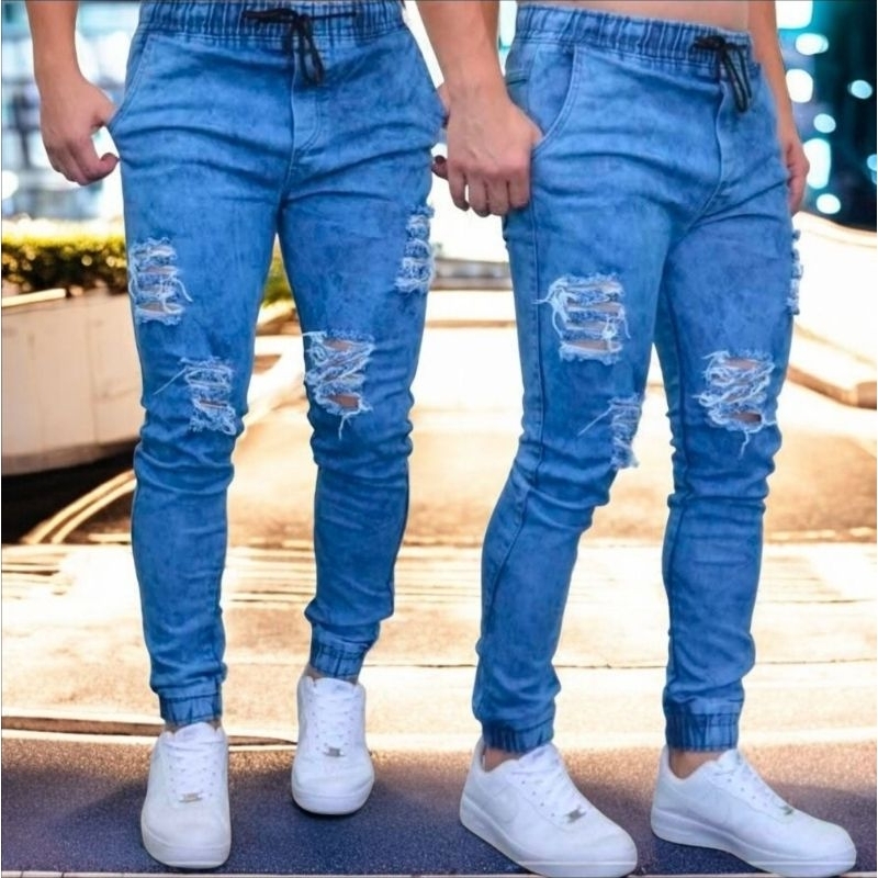 CALÇA MASCULINA JOGGER  EM JEANS RASGADA COM PUNHO E ELASTANO, MODA URBANA, STREET WEAR, ALFAIATARIA