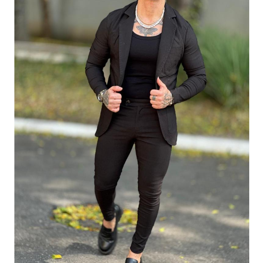 Conjunto Blazer e Calça Alfaiataria Masculino Elastano Slim 2 Peças Bengaline Esporte Fino Casamento Escritório