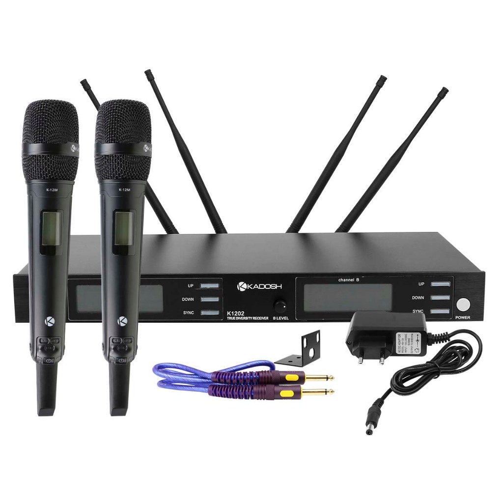 2 Microfone Sem Fio de Mão UHF Com Receptor 4 Antenas Display Digital Profissional K-1202M Kadosh