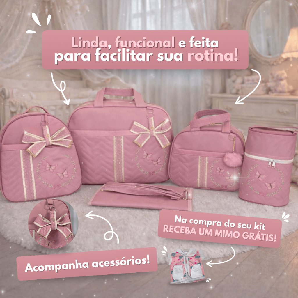 KIT BOLSA MATERNIDADE PARA BEBÊ CONJUNTO COM 5 PEÇAS BORBOLETA
