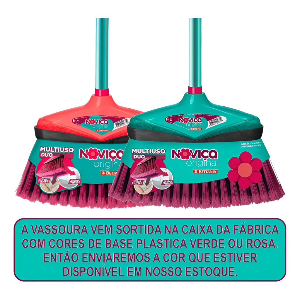Vassouras Noviça Bettanin com Cabo | Conjunto Rosa/Verde - Kit com 2 peças para limpeza rápida, alcance confortável