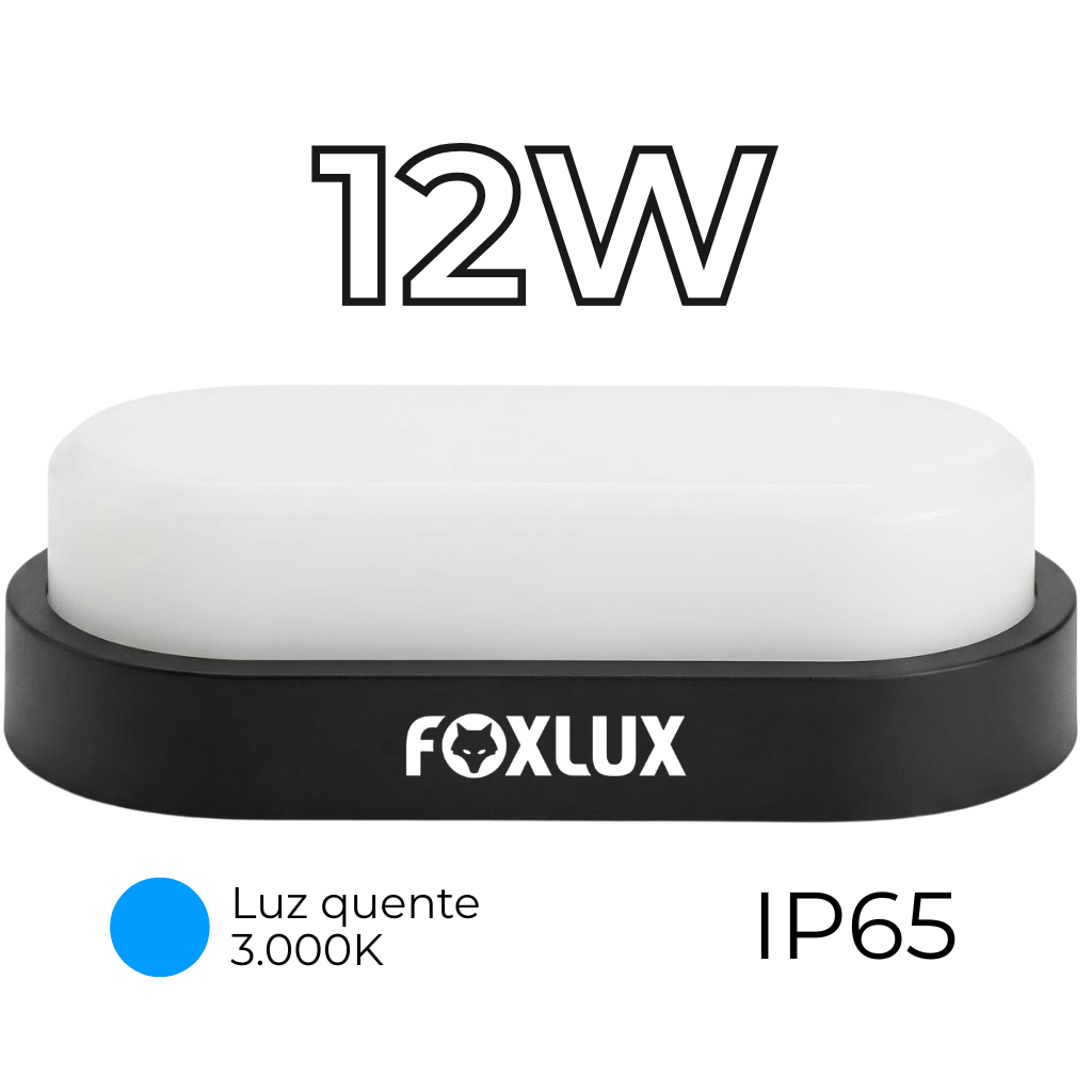 Luminária LED Tartaruga 12W 6500K Branco Frio, Base Preta Bivolt IP65 Externa, Arandela de Parede, Muro, Jardim - Foxlux