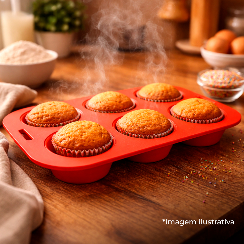 FORMA SILICONE  ANTIADERENTE SOBREMESA DOMESTICA 6 COMPATIMENTOS PRATICA CUPCAKES DOCE DOBRÁVEL BOLO